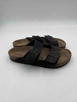 Birkenstock Arizona Sandals 41 M8 L10 Black Oiled Leather 2 Strap Beach Unisex Birkenstock Arizona Unisex S 41 L10 M8 Black Leather Two  main image 4