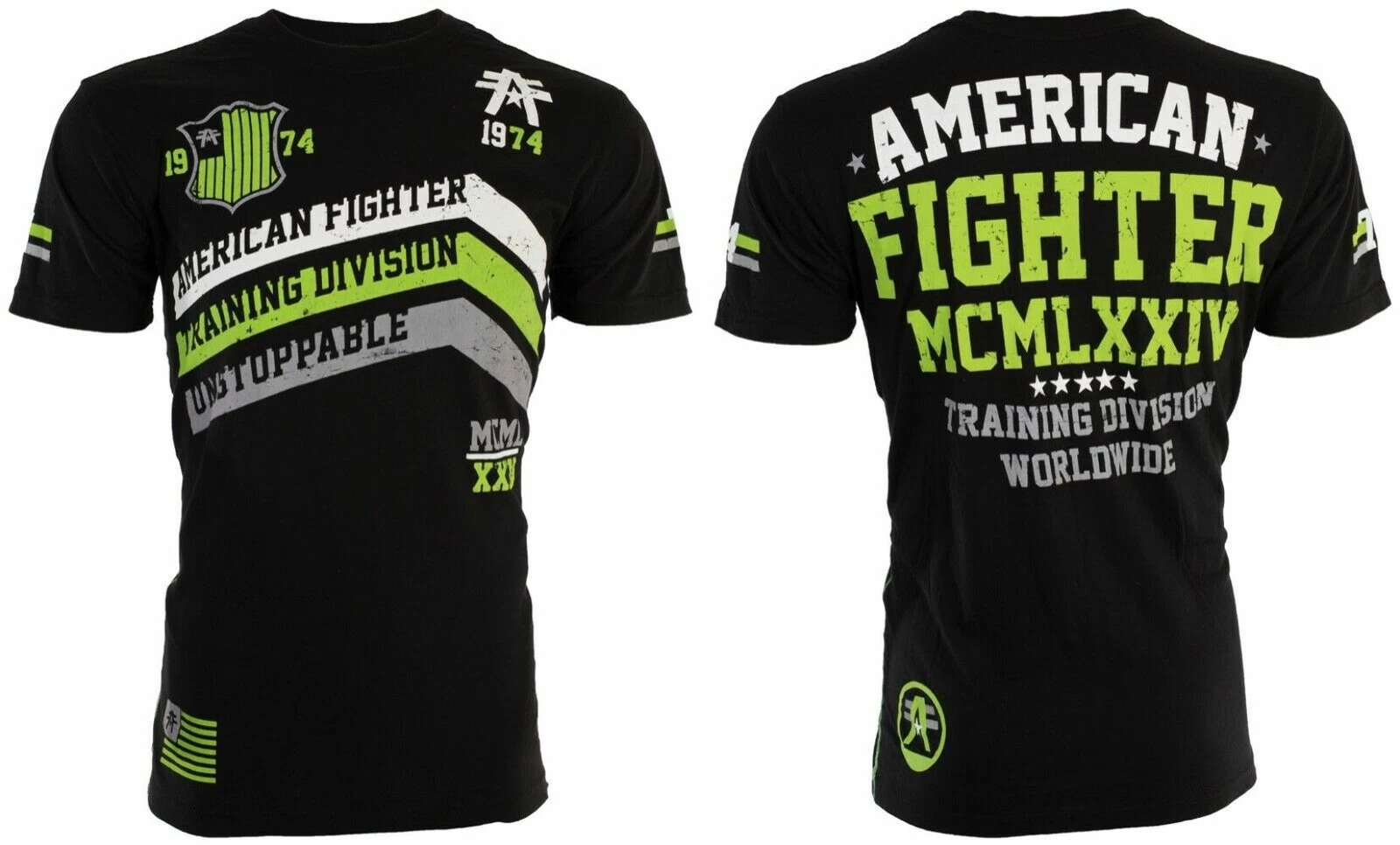 AMERICAN FIGHTER Corner Black Neon Green Athletic Mens Crewneck T-shirt S-3XL
