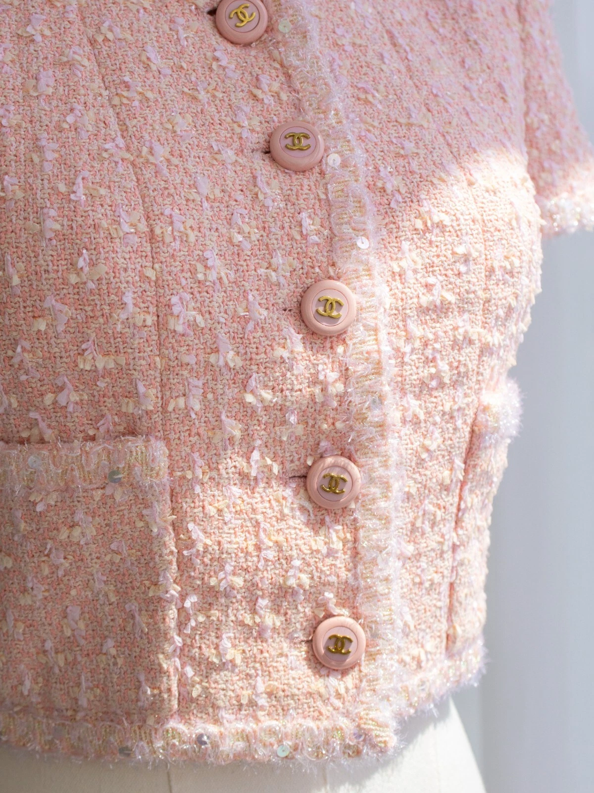 Chanel Vintage S S 1995 Barbie Rosa Pastello Tweed 95P Giacca Ritagliata