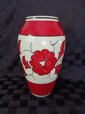 1950s MCM Chodziez Pottery 10" Vase Bold Red/Black Floral Design, Poland 
