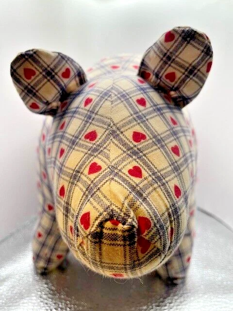 Pig Pillow handmade red hearts blue and white pattern - Image 3 of 4