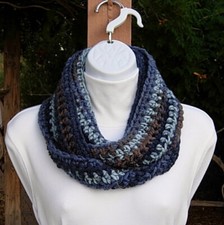 Light Dark Blue with Brown Small Winter Infinity Loop Scarf Soft Crochet Knit
