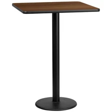 30 In. Square Walnut Laminate Table Top with 18 In. round Bar Height Table Base