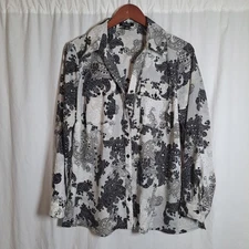 Elementz Women's Button Down Blouse 1X Gray Black Paisley