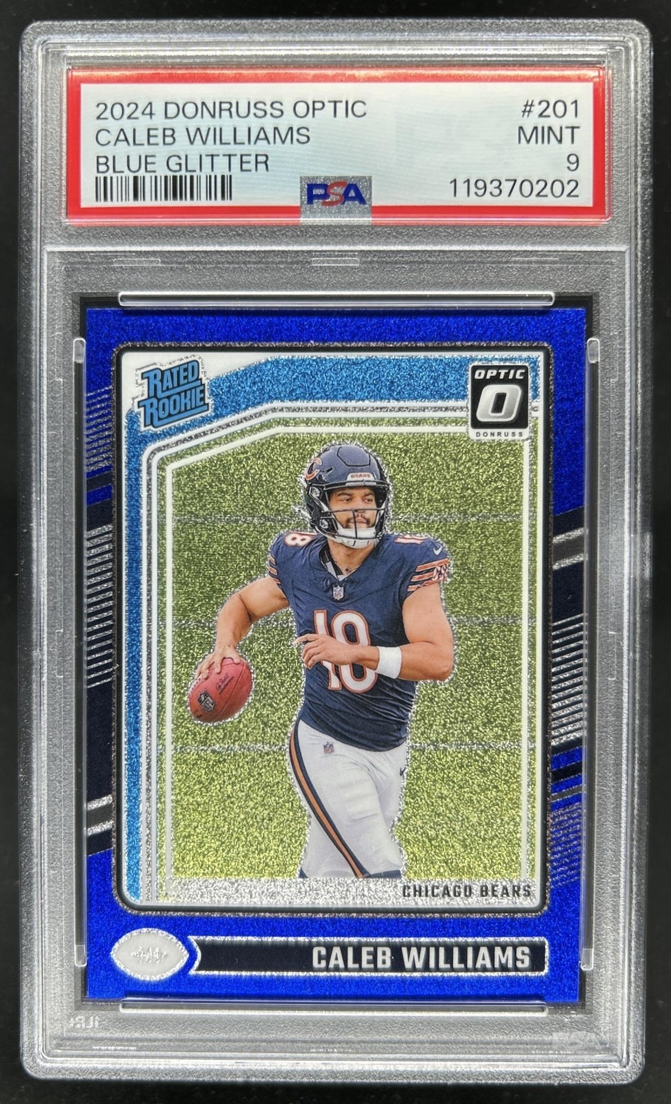 2024 Panini Donruss Optic Caleb Williams Blue Glitter Rated Rookie #201 PSA 9