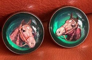 Set of 2 Metal Horse Head Bridle Rosettes with Green Dome Glass Background 1.75”