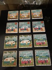 Set of 12 Happy Camper Ceramic Coasters 4 x 4