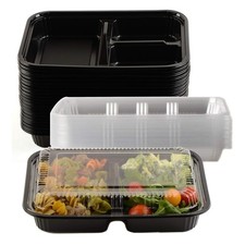 3 Compartment Black Disposable Container with Lids 9.13 x 6.38 x 1.38 540pcs