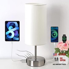 White Bedside Lamp with USB A C Charging Ports  AC Outlet Touch Control Table