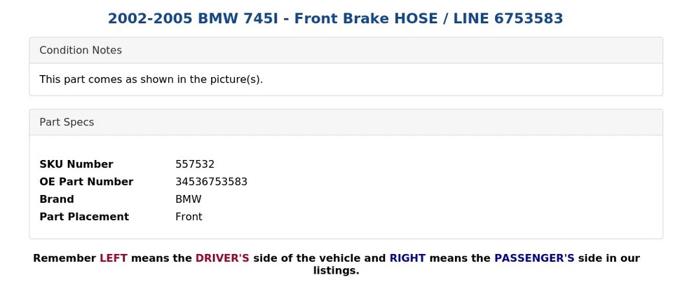 2002-2005 BMW 745I - Front Brake HOSE / LINE 6753583 Foto 3 de 4
