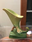 Vintage 1949 Roseville Pottery Green Apple Blossom Cornucopia Vase 321 6" Tall.