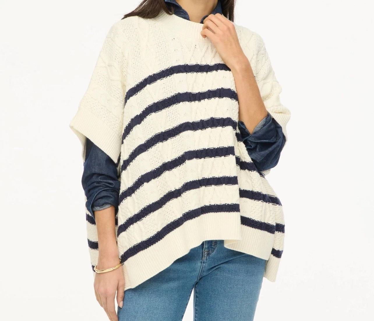 J.Crew Women's Fisherman Cable Knit Poncho Ivory Navy Stripes One Size Nautical