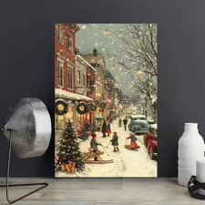 Vintage Christmas Town Canvas Poster - Winter Wonderland Wall Art with Sledding