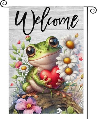 Spring Summer Garden Flag Frog Welcome Love Small Vertical Flags for Outside, Fl