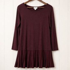 LOFT Burgundy Pleated Dress Women's Medium Long Sleeve Crew Neck Knit Midi