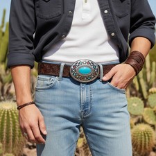 Men Silver Metal Buckle Native Ethnic Big Oval Turquoise Blue Western Accessory