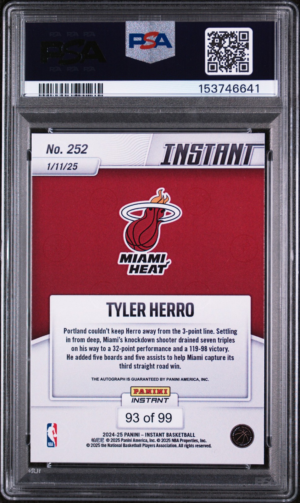 2024 PANINI INSTANT NBA AUTO #252 TYLER HERRO 93/99 PSA 10 view 2