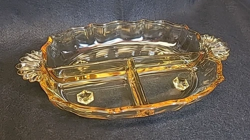 Vintage Fostoria Baroque Yellow Topaz Depression Oval Footed Relish Dish w/ Hdls
