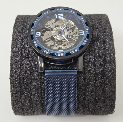 New Forsining Men's Automatic Skeleton Watch - Diamond Accents & Blue Mesh Band