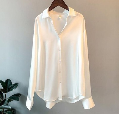 Lapel Buckles Autumn Button Up Satin Silk Shirt Vintage Blouse Women Lady Long