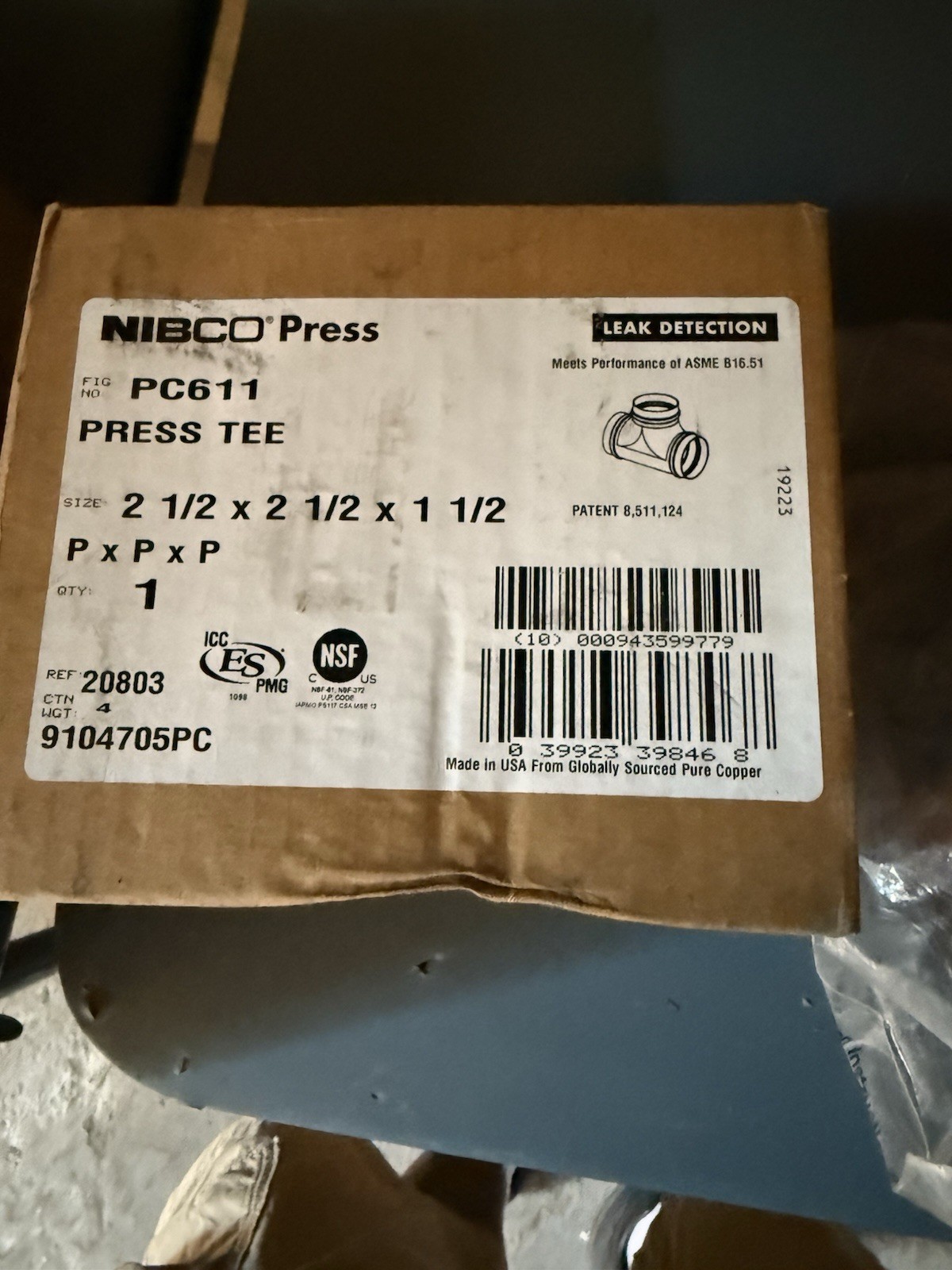 NIBCO 9104705PC PC611 2-1/2" x 2-1/2" x 1-1/2" Tee Wrot Copper NEW in Box