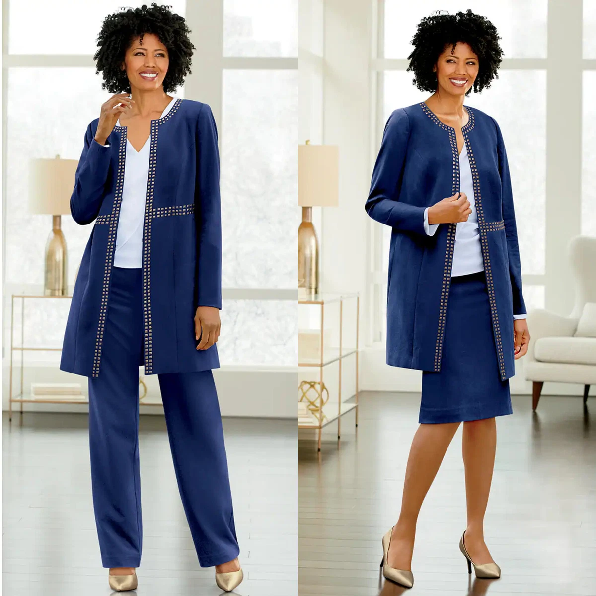 Size 20W Ashro Navy Blue Gold 3 Piece Khloelle Wardrober Skirt and Pant Suit Set