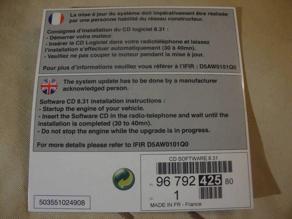 Peugeot Citroen RT4 RT5 soft update 8.31 Betriebssoftware CD 9679242580 - Bild 2 von 2