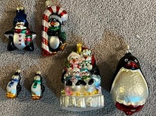 Lot Of 6 Blown Glass Penguin Christmas Holiday Ornaments