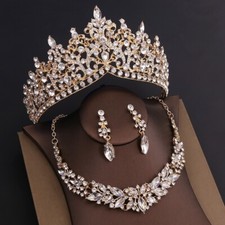 7.6cm Tall Tiara Crown Crystal Necklace Earrings Set For Women Wedding Bridal
