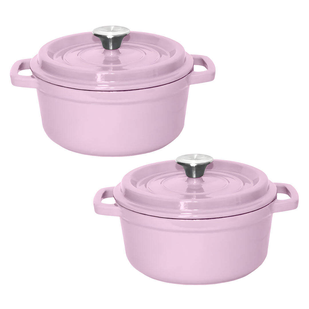 NNEAGS 2X 22cm Pink Cast Iron Ceramic Stewpot Casserole Stew Cooking Pot With Li
