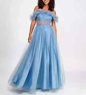 BCX Womens Juniors Tulle Off-The-Shoulder Evening Dress Blue 11