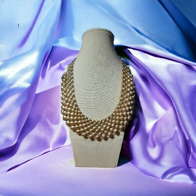 Vintage Natasha Signed Bib Necklace Brushed Gold Tone Ball Link Mesh 18''