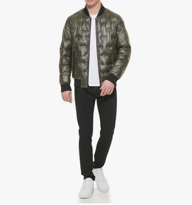 $225 NEW Guess Men's Stamp Quilt Puffer Bomber Jacket Khaki Size Large 111AP219