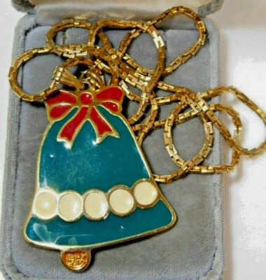Vintage Weihnachten Wallace Silversmiths Glöckchen Grün Rot Emaille Pendel Kette