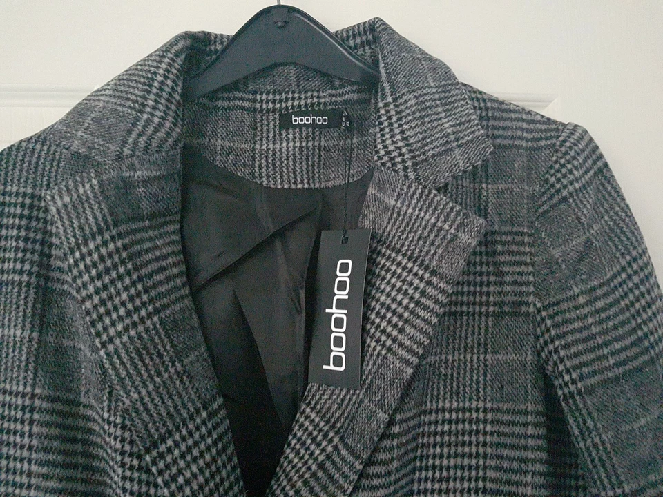 boohoo Check Collared Wool Look Coat Grey Size 12 - Image 2 of 4