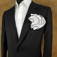 NEW - Men's 2-in-1 Pouf Round Pocket Square - White with Black Trim