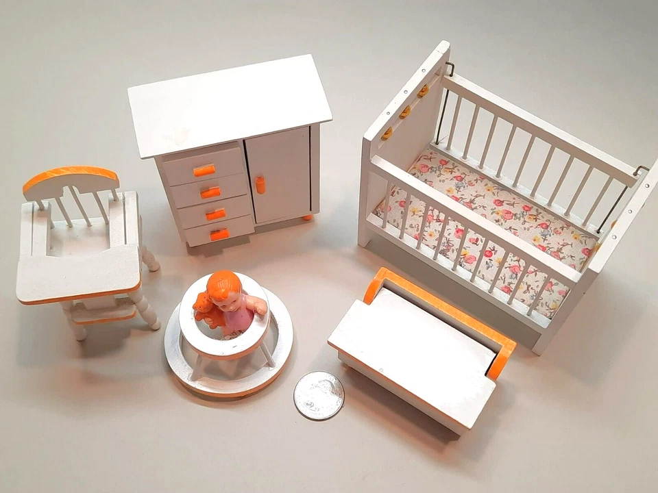 Dollhouse Miniature - Nursery Set, 6 piece, white with orange trim - Image 4 of 4