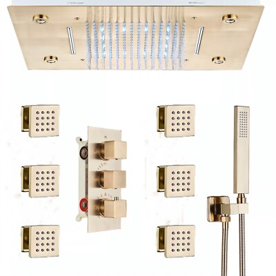 Brushed Gold Shower Faucet Set Rain Head Massager Jet System Thermostatic Valve