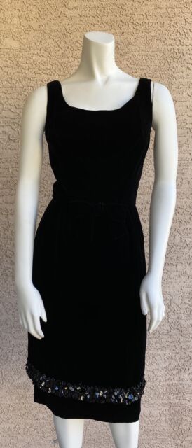 1950s 60s TRUE VNT Evening BLACK VELVET JOSEPH MAGNIN Dress Sequin Bead