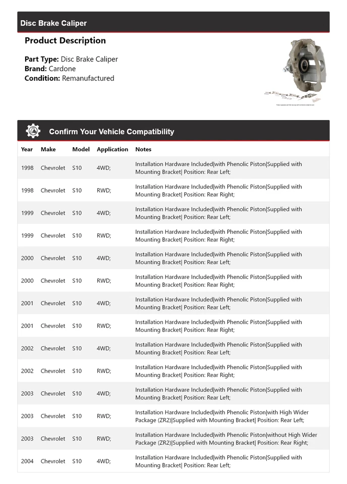 Pinza de freno de disco Cardone para Chevrolet S10 1998-2004 1999 2000 2001 2002 2003 Foto 2 de 4