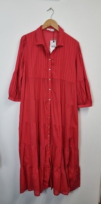 Mango MNG Damen XL Stufen Knopfleiste Maxi Shirt Kleid 100% Baumwolle Neu Mit Etikett