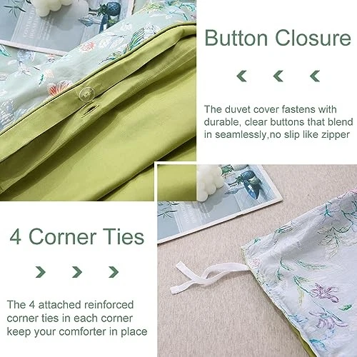  Juego de funda nórdica 100 % algodón tamaño doble 3 piezas mariposa doble-3 piezas verde floral Foto 4 de 4