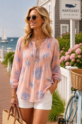 Tommy Hilfiger Peach Blue Floral Paisley Chiffon Pintuck Blouse XS TP/XP