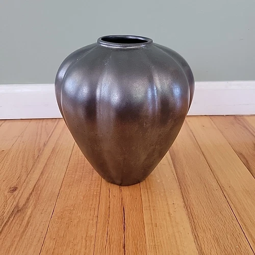 Vintage Black Royal Haegar Percelain Vase Scalloped Metallic 8" High, 7" Diam.