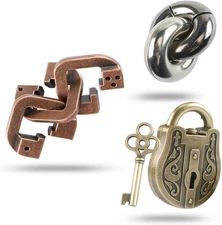 3 Pieces Large Size Brain Teaser Puzzles,Metal Cast Puzzle Game Toys，3D Highly D