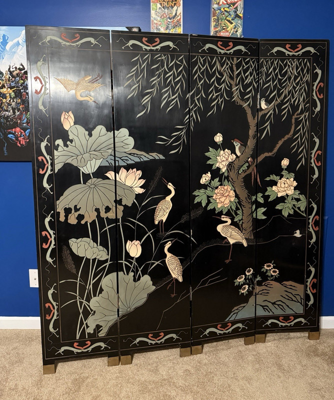 4-Panel Black Wood Foldable Freestanding Asian/Oriental Room Divider Birds