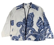 Chico's Ivory Blue Paisley Batik Boho Linen 3/4 Sleeve Jacket Blazer Sz 4 L/XL