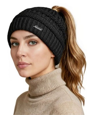 Ladies Knitted Beanie Hat Cable Hole Chunky Knit Unlined Winter Cap Long Hair