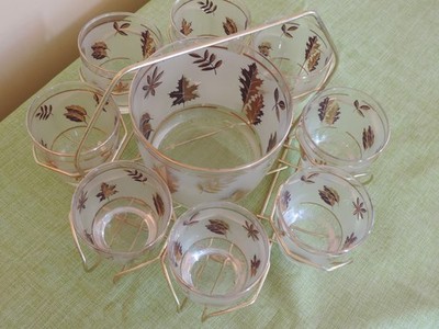 MCM Libbey Starlyte Gold Leaf Old Fashion Glasses Ice Bucket Caddy