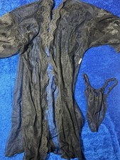 Vintage Black Sheer Mesh Lingerie Set Panties Robe Size S/M Panty 